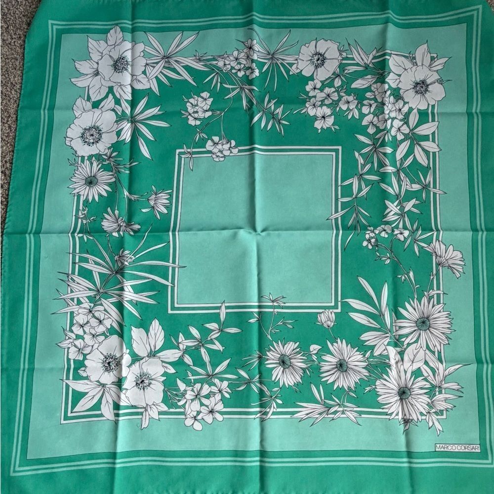 Vintage Marco Corsari Scarf 30x30 Green & White Made In Italy Polyester